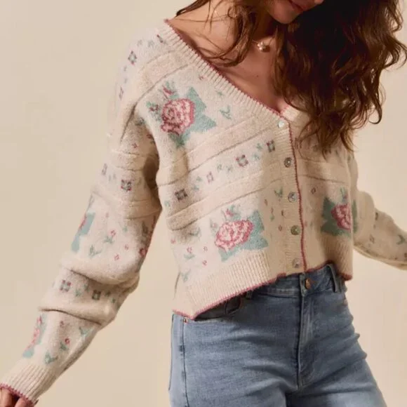 SO ME‎ Floral Pattern Long Sleeve Button Sweater Cardigan